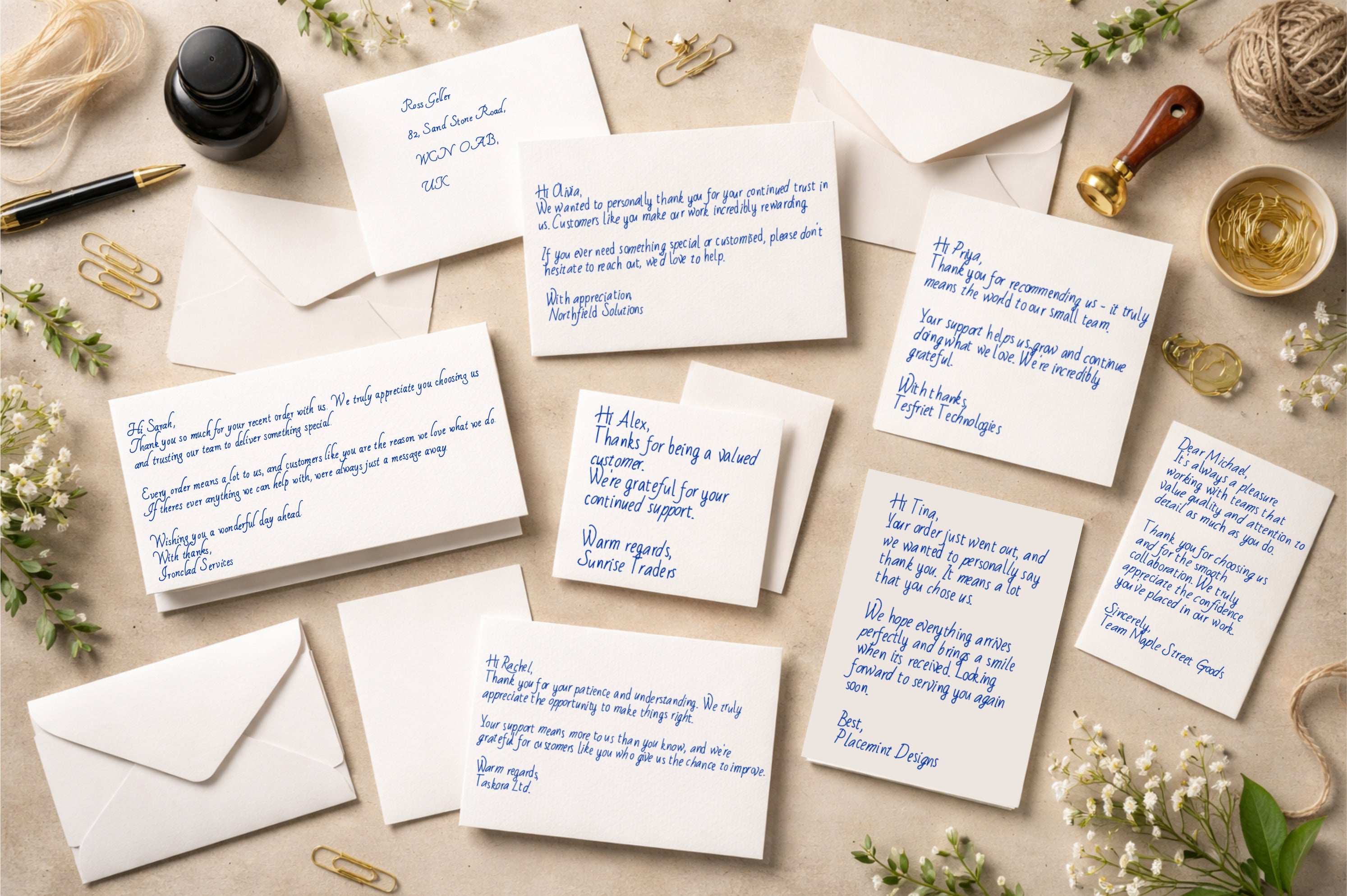 Handwritten business cards and notes laid out for professional thank-yous